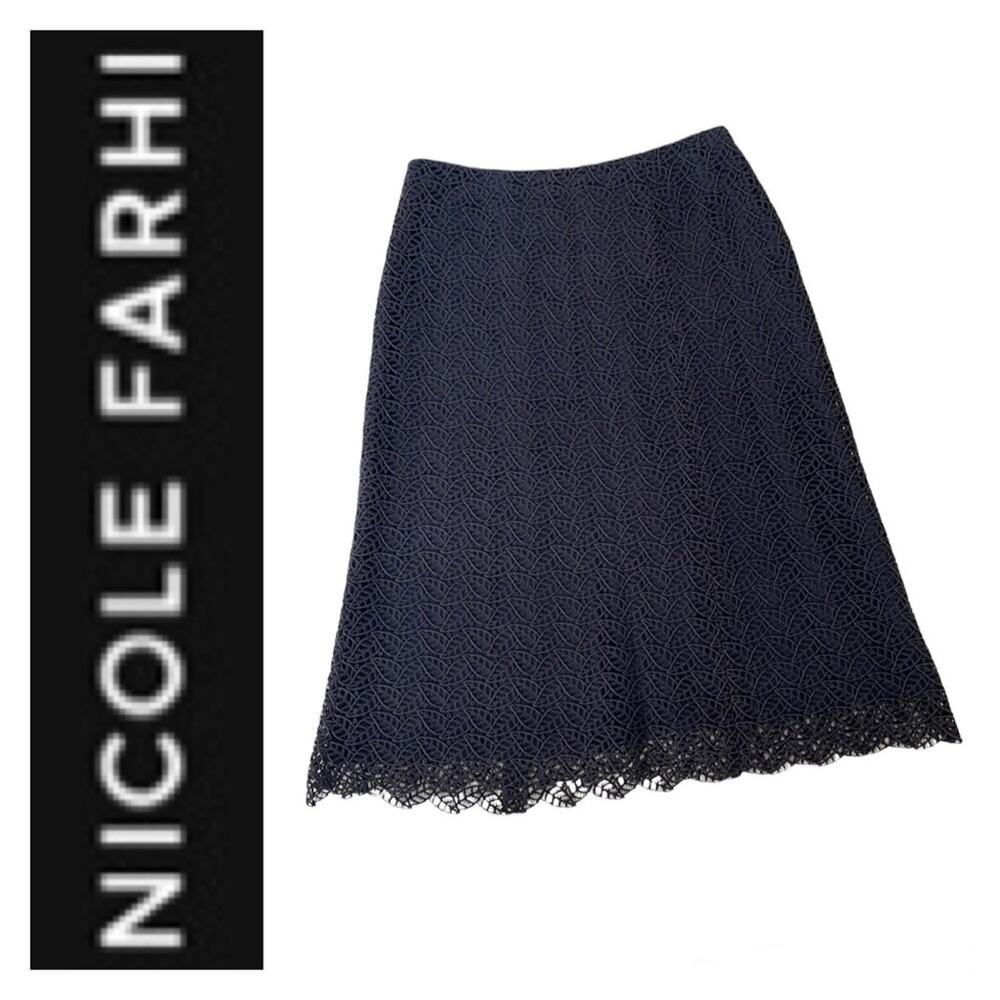 Nicole Farhi 100% Silk Skirt with Lace Overlay Navy Blue Size 8
